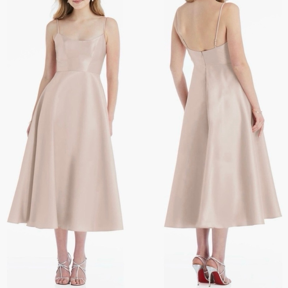 Alfred Sung Spaghetti Strap Satin Midi Cocktail Dress
